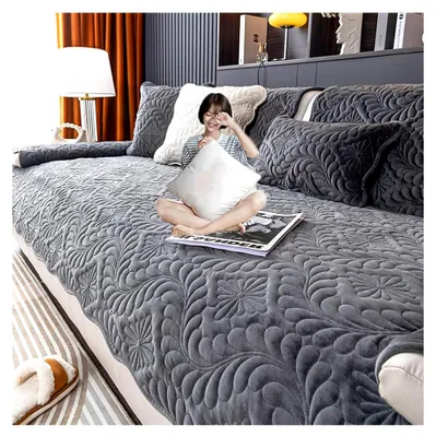 Produktbild von Chenille Sofabezug für Ecksofa in L-Form, rutschfester Überzug für 1 bis 4-Sitzer, Samt Sofaüberwurf für Hunde, Sofaschoner für Wohnzimmer, grau