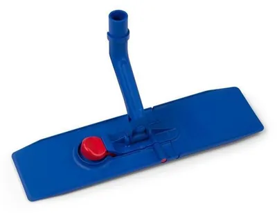 A blue mop head holder with a red button on a white background.