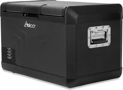 A black portable cooler with a handle on the side.