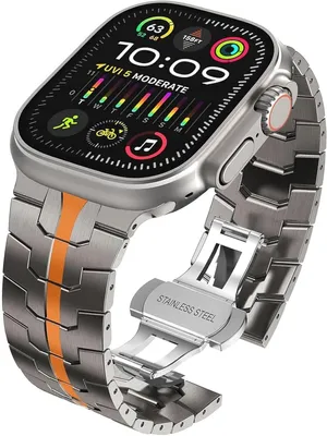Produktbild von FFO2World Edelstahl Ultra Band Titan/Orange für Apple Watch 38 40 41&42mm (Serie 10) - Luxus Metallarmband mit Butterflyschließe
