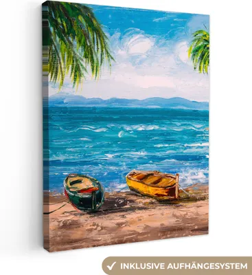 Produktbild von MuchoWow® - Leinwandbilder - Gemälde - Öl auf Leinwand - Strand - Palme - Boot, Wandbild, Wanddeko Bilder Wohnzimmer, 60x80 cm