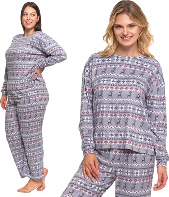 Two views of a woman wearing a Christmas-themed pajama set.