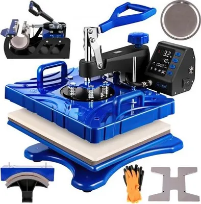 Produktbild von VEVOR Wärmepresse 12 x 15 Zoll, 1000 W, 6-in-1-Wärmepresse, wegschwenkbar, blaue und schwarze Sublimationsmaschine, T-Shirt-Druckerübertragung mit präziser Steuerung, LED-Anzeige, Doppelrohrheizung für DIY-Schuhe, Kappen und Tassen