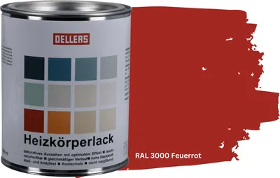 Produktbild von OELLERS Heizkörperlack DIY 1L – RAL 3000 Feuerrot | Heizkörperfarbe & Heizungsfarbe | Hochdeckender Heizungslack | Hitzebeständig & langlebig
