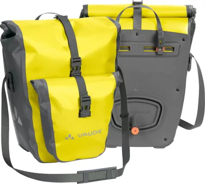 A pair of yellow and gray bicycle panniers are shown against a white background.