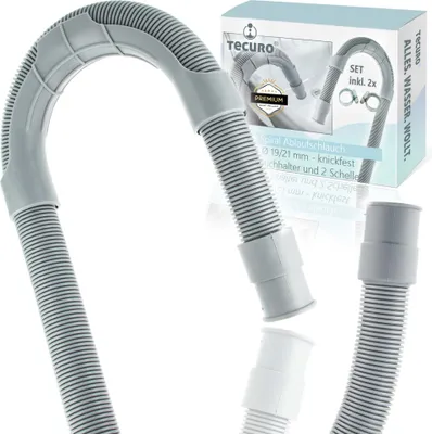A product shot of a flexible drain hose with accessories and packaging.