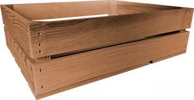 A wooden crate shown from a diagonal angle against a white background.