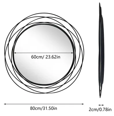 Obrázok produktu pre Moderné okrúhle nástenné zrkadlo – kovový drôtený rám – priemer 80 cm – zrkadlo na zavesenie – vhodné do obývačky a kúpeľne – čierna farba