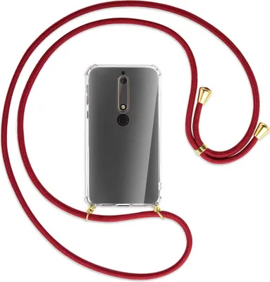 Produktbild von Handykette Backcover-Schutzhülle mit Band (Metall goldfarben) für Nokia 6.1 - dunkelrot