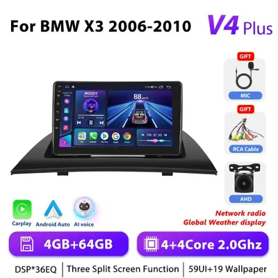 Obrázek produktu pro Pro BMW X3 2006–2010 – autorádio s Androidem, formát 2-DIN – dotykový displej 23 cm – procesor 2,0 GHz – 4 GB RAM, 64 GB ROM – zadní kamera AHD – HD 1280×720