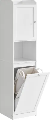 A tall, white bathroom cabinet with a door at the top and a pull-down door at the bottom revealing a laundry basket.