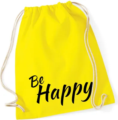 Produktbild von Huuraa Turnbeutel Be Happy Schriftzug 12 Liter Yellow Baumwolle Rucksack Geschenkidee