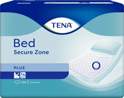 Packaging for TENA Bed Secure Zone Plus incontinence pads.