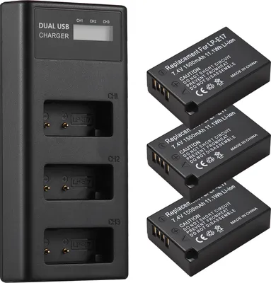 Produktbild von LP-E17 Akkuladegeraet, 3-Slot-Ladegeraet mit LED-Anzeigen, Micro-USB- und Typ-C-Anschluss + 3 Stueck LP-E17-Akkus, 7,4 V, 1500 mAh, kompatibel mit Canon EOS RP/Rebel T8i T7i T6i/T6s/SL2/SL3/M3/M5/M6/ 77D/200D/750D/760D/800D/8000D DSLR-Kameras