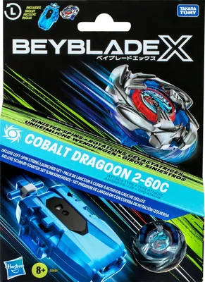 The image shows the packaging of a Hasbro Beyblade X Cobalt Dragoon 2-60C Deluxe Left Spin String Launcher Set.