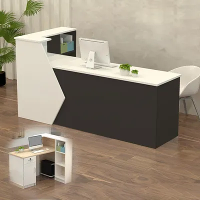 Image de Comptoir de réception, comptoir d'accueil, guichet de en bois avec espace de rangement, de 100 à 300 cm, blanc/noir, dimensions : 100x60x100 cm