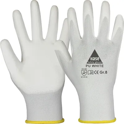 A pair of white safety gloves with yellow trim on a white background.