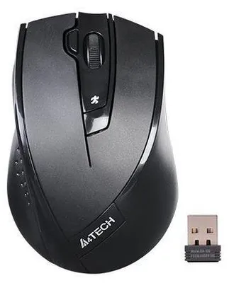 A black wireless computer mouse and its USB receiver are shown against a white background.
