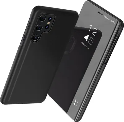 A black phone case is shown next to a phone with a clear view cover displaying the time.