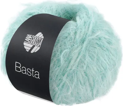 A ball of fluffy yarn with a black label.
