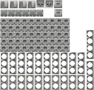Produktbild von DELPHI Steckdosen Schalter Silber Grau Unterputz KomplettSet 94-teilig I Mit 50x Steckdosen 10x Schalter Netzwerk TV Antenne UP Einbau I Silber