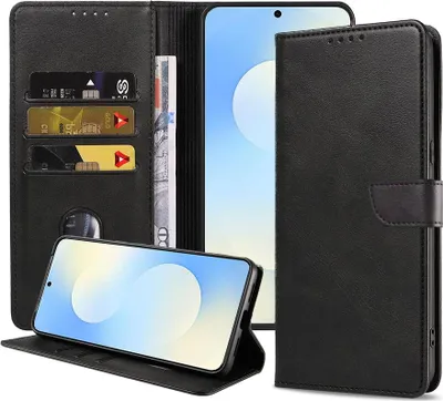 Obrázek produktu pro Vhodné pro Samsung Galaxy S25 FE Pouzdro na telefon z umělé kůže s magnetickým rtem a držákem karet Pouzdro typu kniha s klopou - peněženkové pouzdro s přihrádkou na karty - černé - Smartphonics