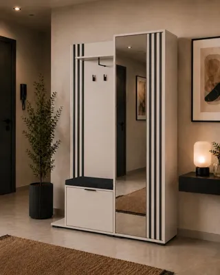 Produktbild von MOEBLO Flurgarderobe JOHN – Kompaktgarderobe ohne Sitzkissen, Dielenschrank mit Spiegel, Schuhschrank, Kleiderhaken und Regal für Flur und Diele 131x197x40 cm - Kaschmir Schwarz ohne Sitzkissen