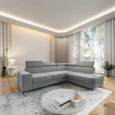 Produktbild von Masseno Ecksofa ALVORO R-S mit Schlaffunktion L-Form, Sofa mit Bettkasten, Wohnzimmersofa, Couch, Soffa, Bettsofa, Couchgarnitur- Hellgrau, MATT VELVET 83