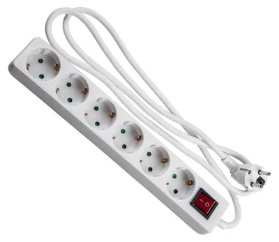 Immagine prodotto di Ciabatta multipresa bianca con 6 prese Schuko con interruttore, cavo H5VV-F 3G1,5, lunghezza 1,5 metri
