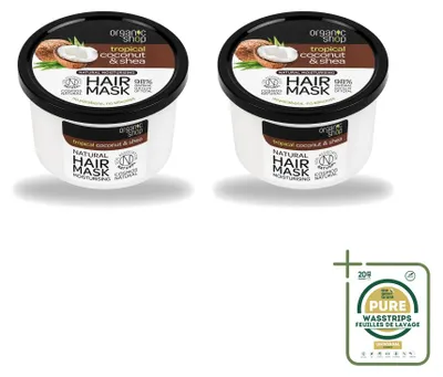 Imagen del producto de 2 mascarillas capilares orgánicas de Organic Shop, con coco y manteca de karité. Nutren y cuidan el cabello. 250 ml cada una. Pack de 2 unidades