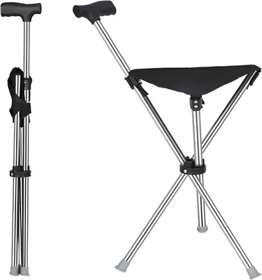 Produktbild von Gehstock mit Sitz, 2-in-1 Gehstock Gehhilfe, maximale Belastung 100 kg, Gehstock mit 3 Beinen tragbar für Camping, Wandern und Spaziergänge
