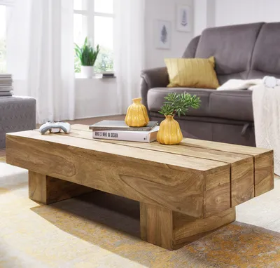 Immagine prodotto di FineBuy Tavolino rettangolare in legno massiccio di acacia 120 cm - Tavolo da soggiorno quadrato in design a blocchi | Tavolo moderno in legno fatto a mano