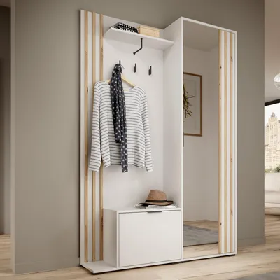 Produktbild von Garderobe STILO 131 cm Flurmöbel Set Spiegel Weiß Lamellen Artisan Eiche
