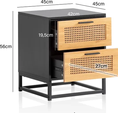 Obrázek produktu pro Noční konzole černá s vídeňským proutěným 45x45x56 cm nadčasový noční stolek, noční stolek taštičková postel se šuplíky, noční stolek s úložným prostorem | Wohnling