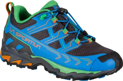 Kinder-Wanderschuhe "Ultra Raptor II JR Gtx" von La Sportiva in Schwarz; Blau und Grün mit orangefarbenen Akzenten.