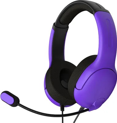A purple and black gaming headset with a microphone is shown against a white background.
