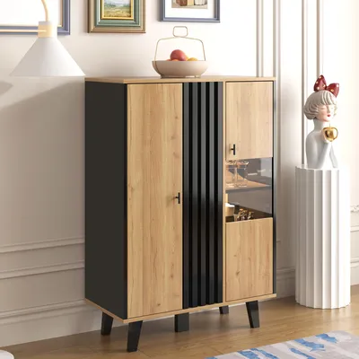 Productafbeelding van Vitrinekast, glas, LED-verlichting, design met houten lambrisering