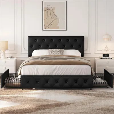 Produktbild von Yaheetech Polsterbett Doppelbett aus Kunstleder mit 2 Schubladen & höhenverstellbarem Kopfteil, 140 x 200 cm Schwarz