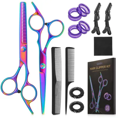 Immagine prodotto di Set di forbici professionali per parrucchiere, 13 pezzi, acciaio inossidabile, colore viola, nero e oro