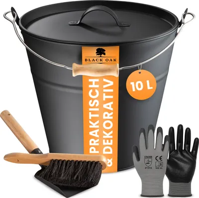 Produktbild von BLACK OAK Ascheeimer FOGO 10L – Schwarz mit Deckel, Metallgriff, Feger, Schaufel & Handschuhen