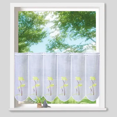 Produktbild von heimtexland ® Scheibengardine Gingko Baum Leinen Optik Weiß Gardine halbtransparent bestickt Bistrogardine Typ745 Grün HxB 45 x 155 cm