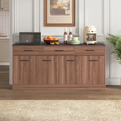 Produktbild von Sideboard Kommode mit 3 Schubladen & 2 Türen, Anrichte Küchenschrank mit verstellbaren Einlegeböden, 160 x 76,5 x 37 cm, Walnuss-Optik & Beton-Grau