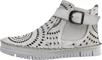 A single white ankle boot is shown from the side against a white background.