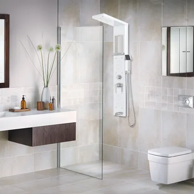 Obrázek produktu pro XMTECH sprchový panel 5-funkční dešťová sprcha nerezová sprchová souprava s ruční sprchou, dešťovou sprchou, 2 masážními sprchami, vodopádovou sprchou, kompletní sprchovou baterií (bílá)