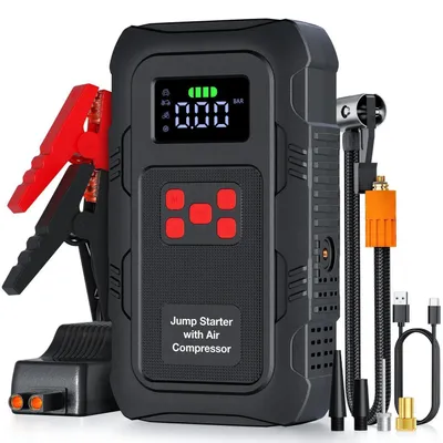 Productafbeelding van Startboost-accu met compressor, 6000A, geschikt voor auto's tot 10 liter benzine/8 liter diesel, met luchtpomp en LED-lamp