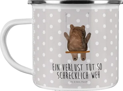 Produktbild von Mr. & Mrs. Panda Pott Bär Schaukel - Grau Pastell - Geschenk, Emaille Becher, Teddy, Teetasse, Kaffeepott, Haferl, Tasse