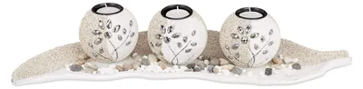 Kerzenhalter-Set, 3er, blattförmig, beige-weiß, mit Ziersteinen