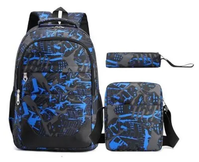 Produktbild von Schulranzen Set 3-teilig Camouflage Blau Schwarz für Jungen Mädchen mit Federmäppchen und Umhängetasche