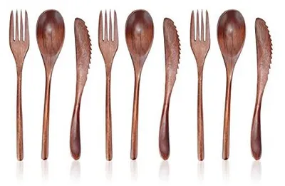 Productafbeelding van 9-delige set Japans servies van natuurlijk hout, vintage bestekset van hout, herbruikbaar servies voor diners, geschikt voor thuis, cafés, restaurants, kamperen en reizen