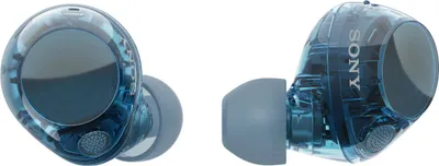 A pair of transparent blue Sony wireless earbuds shown against a white background.